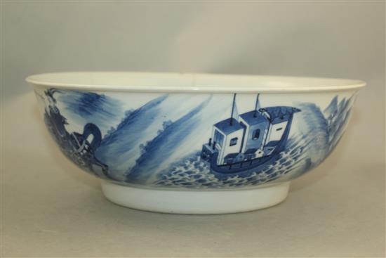 A Chinese blue and white European subject bowl, late 18th / early 19th century, 27cm, damage